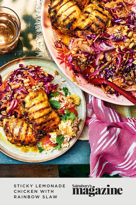 Give your chicken some extra fizz courtesy of a zingy marinade. Get the Sainsbury's magazine recipe today. Lemonade Chicken, Wimbledon Recipes, Rainbow Slaw, Spring Dinners, Sainsburys Recipes, Gluten Free Bbq, Summer Chicken, Meat Meals, Magazine Recipes