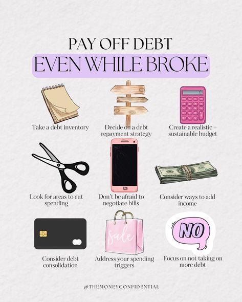 Work towards paying off debt even while broke: Debt can be a real ... 😡 The worst part is that for so many adding debt is a way to make ends meet. Meaning the dream of living debt-free can seem like a far-off. So how can we even work towards paying off debt while living on a lower income or even one that we feel doesn’t help pay all the bills? ✨ Having debt or living paycheck to paycheck svcks! If you are looking for a way to manage your money + get out of debt + stop the paycheck to pay... Paying Off Debt, Money Saving Methods, Manage Your Money, Money Saving Techniques, Living Paycheck To Paycheck, Investing Tips, Debt Repayment, Paycheck To Paycheck, Pay Off Debt