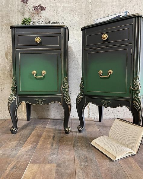 These #antique night stands were given complete new life with #eyelovehue paint. Painted with an emerald green and black and some gold gilded to accent those beautiful curves! painted furniture #chalkpaintfurniture #antiquenightstands Green And Gold Nightstand, Emerald Green Bedroom Furniture, Whimsigoth Painted Furniture, Black And Emerald Bedroom, Emerald Library, Emerald Green Black And Gold Bedroom, Emerald Green Furniture, Dresser And Tv, Dream Makeup Room