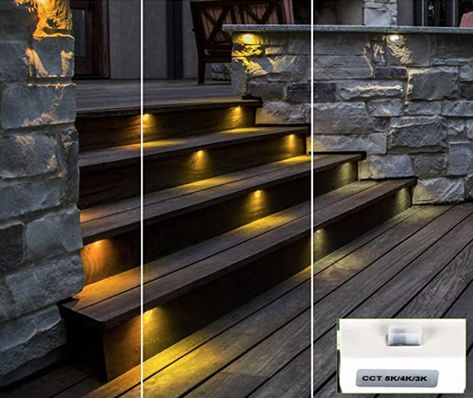 Stair Lighting Ideas, Deck String Lights, Deck Stair Lights, Deck Step Lights, Stairs Lighting, Timber Stair, Led Deck Lighting, Outdoor Stair Lighting, Deck Steps