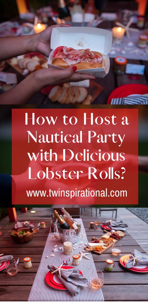 How to host a nautical party with delicious lobster rolls? Ahoy matey, we sail-a-brated the end of summer with a nautical dinner party filled with sun, sand and sunshine. We incorporated bold colors and crisp lines as well as beach decorations to transform our room into a sailing inspired escapade. #nauticalparty #summerparty #nautical Lobster Roll Party Ideas, Beach Dinner Parties, Lobster Party, Lobster Fest, Beach Decorations, Lobster Boat, Summer Tablescapes, Boat Parade, Beach Dinner