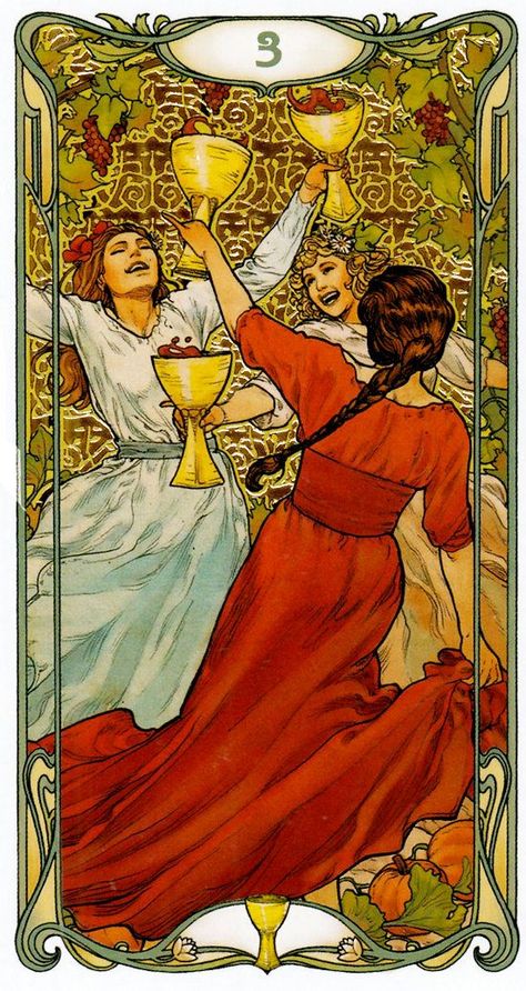 Art Nouveau Tarot, 3 Of Cups, Three Of Cups, Best Tarot Decks, Art Nouveau Desk, Cups Tarot, Golden Art, Online Tarot, Tarot Cards Art