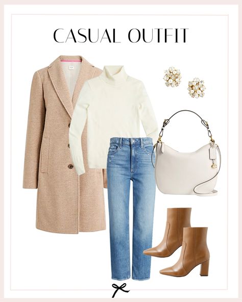 This outfit is full of timeless pieces, such as this tan chevron topcoat that exudes elegance & warmth. Layer it over an ivory turtleneck sweater for cozy comfort & a classic look. Pair it with high-waisted straight-leg jeans, offering style & versatility. Step into leather almond-toe ankle boots for a dash of sophistication. Complete the look with a white leather shoulder bag for a clean & modern touch. Add a subtle touch of glamour with a pair of pearl & crystal cluster stud earrings. Tan Turtleneck Outfits, Ivory Sweater Outfit, Tan Boots Outfit, Tan Sweater Outfit, Ivory Turtleneck, Atlanta Style, Fall Outfits 2023, Winter Boots Outfits, Boots Outfit Ankle