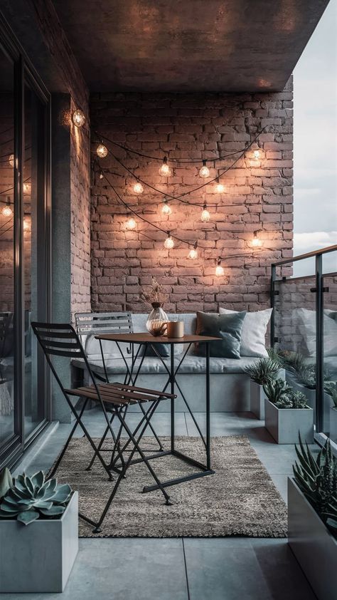 Industrial Balcony Design, Industrial Balcony, Nyc Balcony, Metal Table And Chairs, Loft Apartment Industrial, Nyc Bedroom, Edison Bulb String Lights, Balcony Flower Box, House Flipper