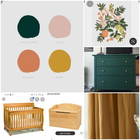 Emerald Green Boho Nursery, Dark Green Baby Girl Nursery, Green Pink Gold Nursery, Colored Dresser In Nursery, Mustard Yellow And Dark Green Bedroom, Pink Yellow Green Nursery, Mustard Yellow And Pink Nursery, Pink And Mustard Girls Room, Pink Yellow And Green Bedroom