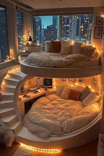 ↑↑↑ Larger size on website 🔸 A cozy, circular bedroom with a bed and a desk. The bed is on a raised platform and has a fluffy whi Elevated Bedroom Ideas, Round Beds Bedroom, Bed Making Ideas Style Modern, Raised Bed In Bedroom, Cloud Aesthetic Bedroom, Raised Platform Bedroom, Circular Room Design, Circular Beds, Teen Room Interior Design