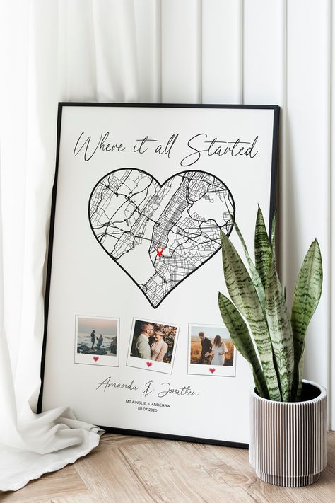 Couples Memories Ideas, Wood Photo Frame Design, Where We Met Map, Creative Valentines Day Ideas, Map Anniversary Gift, Dating Anniversary Gifts, Frame Love, The Night We Met, Night We Met