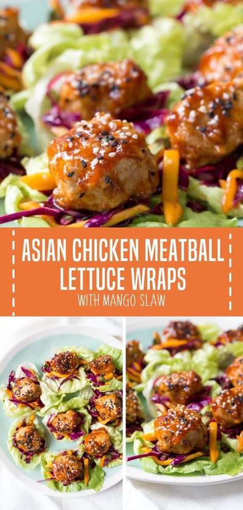 Asian Chicken Meatball Lettuce Wraps with Mango Slaw is a quick and easy healthy recipe for lunch, dinner, and even as an appetizer! These Asian meatball wraps have saucy chicken meatballs and fresh mango slaw with crunchy butter lettuce. Save this pin for later! Fancy Healthy Dinner, Meatball Wraps, Meatball Lettuce Wraps, Meatball Meals, Thai Chicken Meatballs, Asian Chicken Meatballs, Saucy Chicken, Recipe For Lunch, Mango Slaw