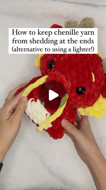 J&M Adorable Plushies on Instagram: "I’ve seen other people use a lighter to heat the ends of chenille yarn to keep it from shedding, but I’m honestly scared it’ll catch on fire lol  If you’re like me or just don’t have a lighter on hand, try this alternative way of keeping the yarn from shedding! It’s a little tedious with all the knots to tie, but sooooo much better than fluff falling off, especially in cases like this dragon’s whiskers or when I have to weave in the ends of a single layer of crochet!  (And yes I could have used acrylic for the dragon whiskers but I didn’t have any in the right color so here we are 🥹)  Dragon pattern: @amibaechan   .  .  🏷️ #Crochet #kawaii #cute #adorable #craft #crochetaddict #crochetlove #amigurumi #yarn #yarnaddict #yarnlove #crochetersofinstagram Chenille Yarn Crochet Patterns, Chenille Crochet, Adorable Plushies, Amigurumi Yarn, Chenille Yarn, Dragon Pattern, Chunky Yarn, Yarn Art, On Fire