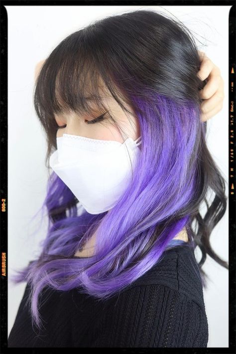 Purple Color Peekaboo Highlights Silver Purple Peekaboo Hair, Best Color For Brown Hair, Peekaboo Hair Color 2023, Brown Purple Split Dye, Split Hair Dye With Bangs, Brown Hair With Purple Bangs, Peekaboo Hair Color With Bangs, Color Peekaboo Highlights, Peekaboo Hair With Bangs