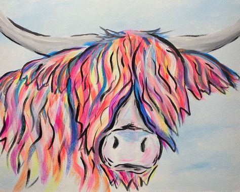 Colorful Cow Painting, Highland Cow Painting Tutorial, Fluffy Cow Painting, Highland Cow Drawing Easy, Easy Cow Painting, Highland Cow Painting Easy, Cow Painting Easy, Cow Painting Colorful, Texas Mural