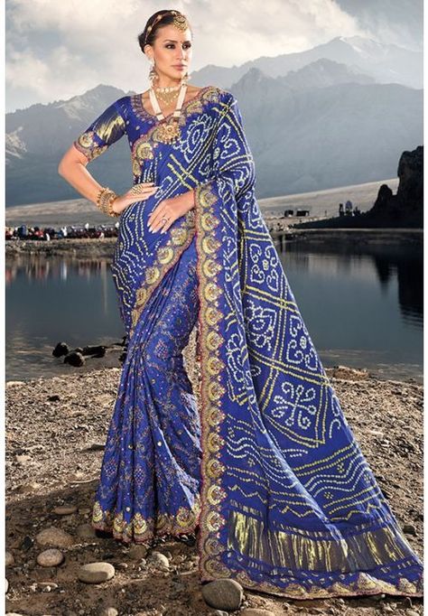 Royal Blue Heavy Bandhej Designer Saree Royal Blue Saree, Classic Saree, Mirror Work Saree, Traditional Saree, Bandhani Saree, Blue Saree, Trendy Sarees, Wear Saree, Blouse Material