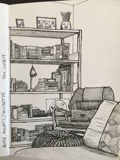 Bookcase Drawing Sketch, Library Room Drawing Sketch, Book Pen Drawing, Corner Of A Room Drawing, Bookcase Sketch, Desk Drawing Sketch, Library Drawing Sketches, Room Drawings Sketches, Bookcase Drawing