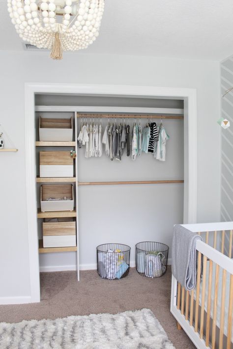 Home Project // Modern Gender Neutral Nursery - Within the Grove Modern Gender Neutral Nursery, Nursery Closet Organization, Baby Nursery Diy, Nursery Closet, Open Closet, Baby Closet, Baby Sleep Problems, Kid Closet, Nursery Organization