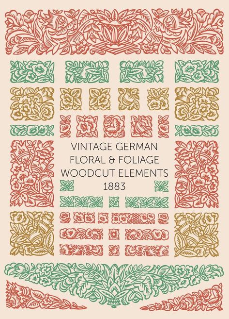 Vintage woodcut Floral design elements for books, invitations, labels, menu design and packaging. Flowers, foliage, fruits and ephemera. From German type foundry Genzsch and Heyse founded in 1833. German Packaging Design, German Design Graphic, Lettering Embellishments, German Graphic Design, Packaging Flowers, German Font, German Pattern, Phantom Tollbooth, Type Foundry