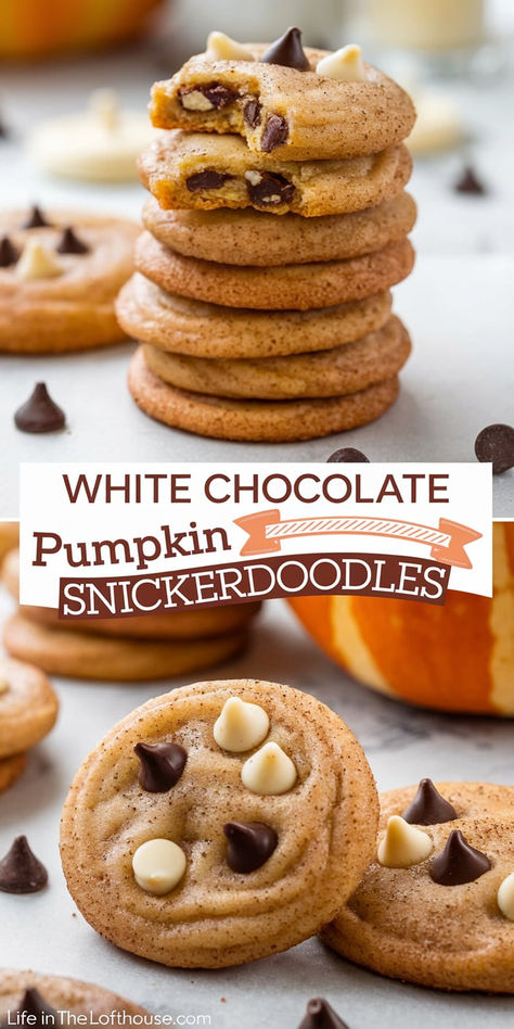 White Chocolate Pumpkin Snickerdoodles are your new favorite fall treat! They’re soft, spiced, and filled with chocolatey goodness. #cookies #falltreats Pumpkin Snack Ideas, Cookies White Chocolate Chip, Pumpkin White Chocolate, Cookies White Chocolate, Pumpkin Snickerdoodle Cookies, Chocolate Snickerdoodles, Pumpkin Snack, Pumpkin Snickerdoodles, Chocolate Pumpkin