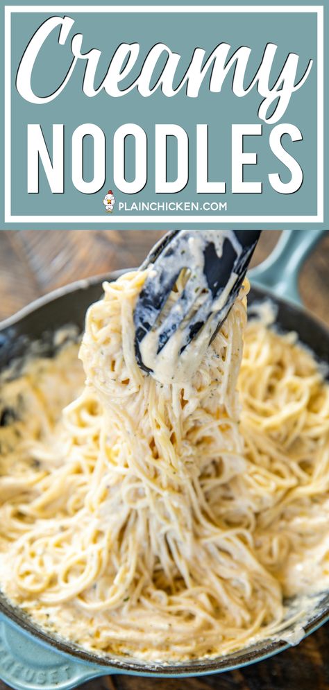 Creamy Noodles - a quick and easy side dish! Ready to eat in about 15 minutes! Spaghetti, cream cheese, milk, parmesan, garlic, butter, cajun seasoning, onion, and parsley. Goes with everything! Steak, chicken, pork. Great side dish or meatless main dish! #pasta #sidedish Meatless Noodle Dishes, Chicken Parmesan Sides Dishes, Spaghetti Cream Cheese, Creamy Noodles, Quick Easy Side Dishes, Healthy Board, Side Salads, Yummy Pasta, Side Dishes For Chicken