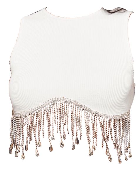 Customised Clothes, Rhinestone Crop Top, Fringe Crop Top, Fringe Tank Top, Rhinestone Fringe, White Clothes, Small Sweater, Forever21 Tops, Knit Crop Top