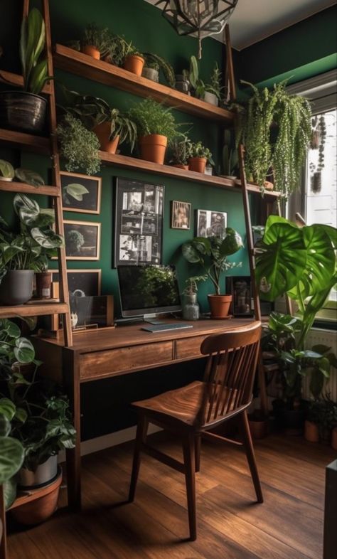 Dark Green Wall With Plants, Dark Wood Bookshelves, College Campaign, Houseplant Styling, Boho Bookshelf, Green Bookshelves, Plants And Books, Lots Of Plants, Plant Room