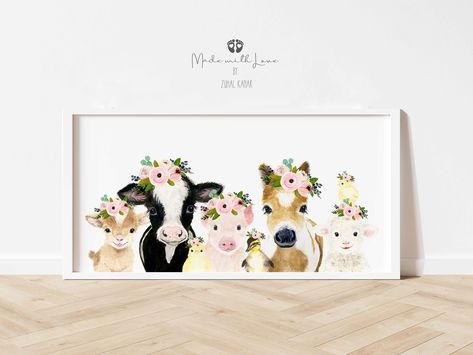 A whole crew of farm animals have come together to welcome and celebrate your little one! They are a montage of my original watercolor paintings, each unique in their own way, brought all together. Perfect for nursery or playroom, even for animal lovers of any age. And being floral, can fit in with your girl's room to inspire a love of animals. Frames are not included, available in archival quality watercolor paper or wrapped canvas. Size: Available in different sizes! Please make your selection Farm Animal Nursery Decor, Farm Nursery Theme, Lamb Nursery, Sheep Wall Art, Farm Nursery Decor, Farm Animal Nursery, Farm Animals Theme, Girl Nursery Themes