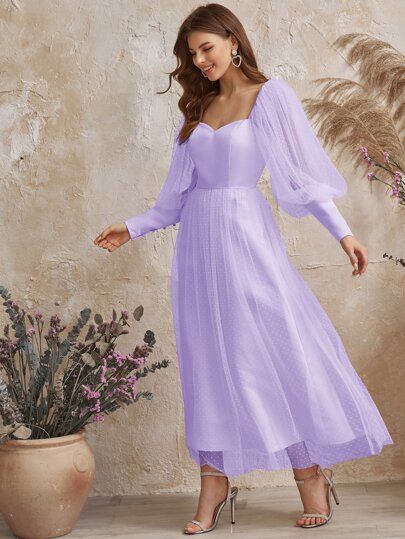 Free Returns ✓ Free Shipping On Orders $49+ ✓. Lantern Sleeve Dobby Mesh Maxi Dress- Dresses at SHEIN. Lavender Long Sleeve Dress, Lavender Linen Dress, Corian Dress, Shein Dress Party, Satin Frocks For Women, Purple Dress Design, Satin Dress Design, Birthday Dress Long Sleeve, Purple Dress Long Sleeve