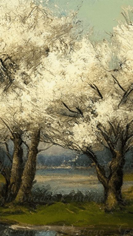 Trees in Bloom, landscape of blossom trees in spring , buy printable vintage oil painting. Trees In Spring, Favorite Paintings, Picture Tree, Art Daily, Printable Vintage, Classic Paintings, Vintage Spring, Vintage Landscape, Vintage Oil Painting