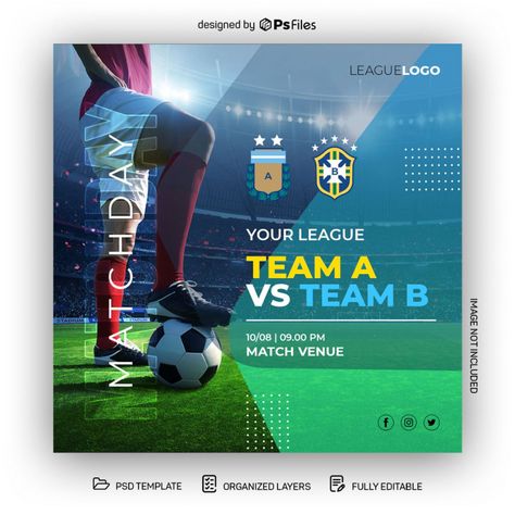 Soccer League Match Sports Instagram Post Design PSD Template Football League Poster, Sports Instagram Post, Soccer Post, Barcelona Vs Real Madrid, Gym Center, Instagram Post Design, Adobe Photoshop Design, Football Tournament, Sports Flyer