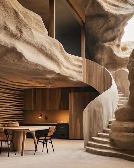 Magnificent Stone Stairs and Wood Panel Accents Organic Interior, Unique Furniture Design, Desert Homes, Organic Wood, Organic Architecture, Secluded Beach, Facade Architecture, Beach Home, House Architecture Design