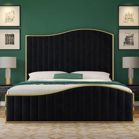 Sadeigh Upholstered Bed Frame with Harp Headboard & Footboard Bed Frame Velvet, Cama King Size, Velvet Upholstered Bed, Lit King Size, Tall Headboard, King Size Bed Frame, Upholstered Bed Frame, Tufted Headboard, Bed Slats