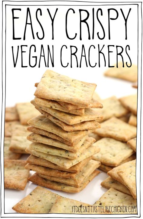 Easy Crispy Vegan Crackers! Just 9 ingredients to make these super crunchy crackers. Perfect for serving with your favourite vegan cheese, hummus, or any dip, or enjoy as a snack all on their own. #itdoesnttastelikechicken #veganrecipes #vegansnack Vegan Lunch Box, Easy Vegan Lunch, Easy Vegan Recipes, Vegan Snack Recipes, Quick Vegan, Like Chicken, Healthy Vegan Snacks, Vegan Crackers, Cracker Recipes