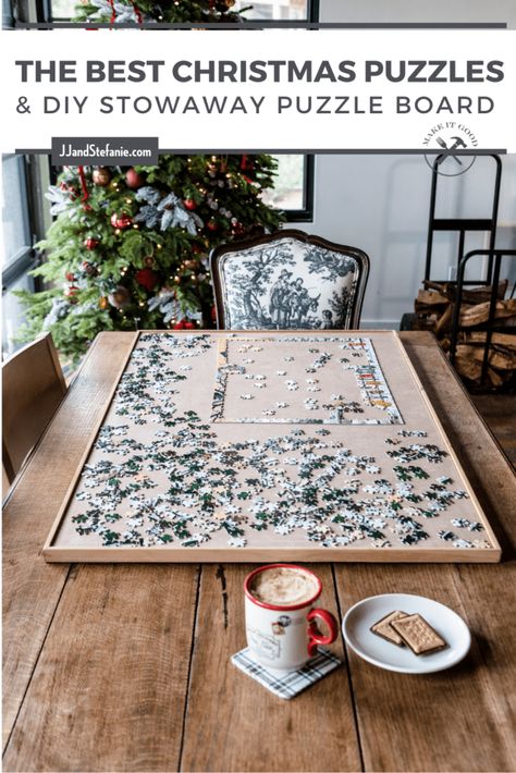 Do your puzzles on a DIY stowaway puzzle board so your table can always be clear! Plus 12 of our favorite Christmas puzzles. Puzzle Tray Diy, Diy Puzzle Board, Puzzle Night, Christmas Puzzles, Jigsaw Puzzle Table, Easy Diy Home Projects, Puzzle Table, Christmas Jigsaw Puzzles, Christmas Vignettes