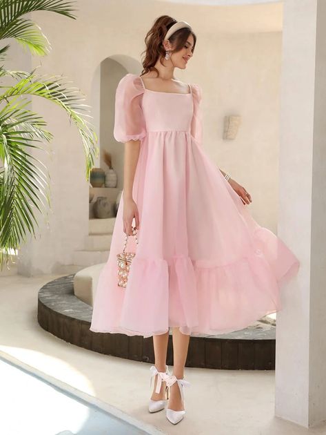 Puff Sleeve Ruffle Hem Organza Dress | SHEIN USA Organza Half Frock, Net Half Frock Designs, Plain Net Frocks For Women, Baby Pink Dresses For Women, Satin Dresses Pink, Plain Organza Frocks For Women, Plain Frocks For Women, Pink Frocks For Women, A Line Frocks For Women