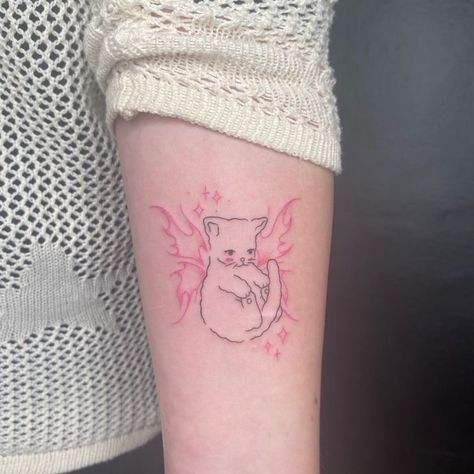 Pink Linework Tattoo, Whimsical Dog Tattoo, Minimalist Cat Tattoo, Soft Tattoo, Kitten Tattoo, Cute Cat Tattoo, Pink Tattoo, Kawaii Tattoo, Cute Tiny Tattoos