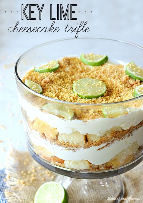 Key Lime Cheesecake Trifle – An easy and pretty dessert made with layers of graham cracker crust, cubed pound cake, and a key lime cheesecake filling. With easy ingredients from Tastefully Simple, you can whip this up in a flash! #cheesecaketrifle #keylimepie #dessert Layered Recipes, Kiwi Cheesecake, Fruity Salads, Belle Of The Kitchen, Trifle Bowl Recipes, Trifle Dessert Recipes, Trifle Recipes, Tastefully Simple Recipes, Cheesecake Trifle