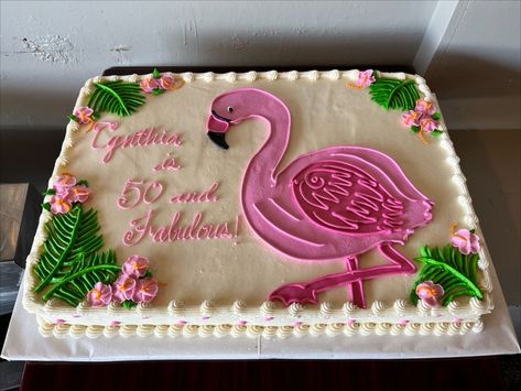 Flamingo Sheet Cake Birthday, Flamingo Cakes Birthday, Flamingo Birthday Cake Simple, Flamingo Cake Design, Flamingo 50th Birthday Party, Flamingo Birthday Cake Ideas, Flamingo Birthday Cakes, Tropical Sheet Cake Ideas, Tropical Birthday Cake Simple