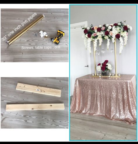 Diy Flower Stands Wedding, Diy Wedding Columns, Centerpiece Stand Diy, Diy Centerpiece Stand, High Centerpieces, Glitter Crafts Diy, Engagement Backdrop, Wedding Columns, Gold Wedding Flowers