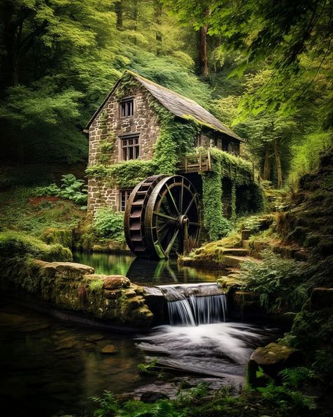 Eerie, Elegant & Mysterious | What do you think Stone Cottages, Hudson River School, Unusual Buildings, Halloween Everyday, English Village, Pastel Landscape, Christmas Village Display, Tower House, Water Mill