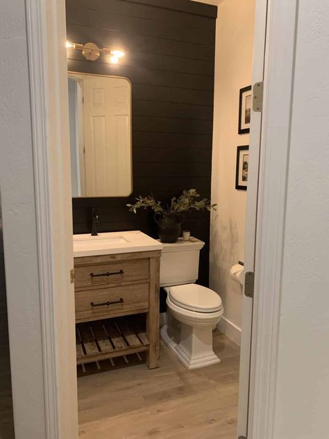 POWDER ROOM DIY - Elpetersondesign Faux Wood Bathroom Floor, Menards Bathroom Remodel, Half Bath Vanities, Moody Powder Bath, Powder Room Diy, Modern Half Bathroom Ideas, Powder Bathroom Ideas, Basement Bathrooms, Black Powder Room