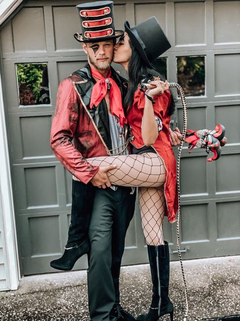 Cute couple costume ideas halloween Couple Circus Halloween Costumes, Evil Clown Couple Costume, Ring Master Costume Couples, Formal Halloween Outfit, Jester Couple Costume, Couples Circus Costume, Couples Concept Costumes, Circus Couples Costume, Circus Clown Halloween Costumes