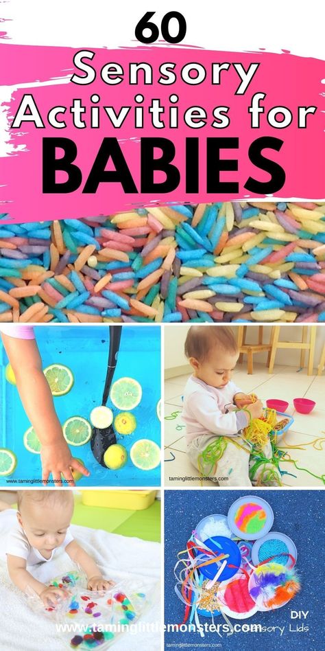 60 Sensory Activities for Babies. Sensory play ideas for infants and toddlers. #sensory #babies Activities For Babies, Infant Sensory Activities, Infant Classroom, Kids Fever, Baby Sensory Play, Newborn Hacks, Baby Activities, Baby Sleep Problems, Before Baby