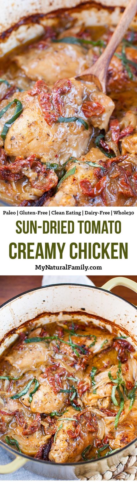 Creamy Sun-dried Tomato Chicken Recipe {Paleo, Clean Eating, Gluten Free, Dairy Free, Whole30} - can you believe that this creamy chicken with rich, sunny flavor is healthy for you? Plus, it's easy to throw together in 15 minutes and then do whatever you want while it bakes. Tomato Chicken Recipe, Meals Crockpot, Clean Eating Chicken Recipes, Eating Gluten Free, Tomato Chicken, Clean Eating Chicken, Gluten Free Eating, God Mat, Paleo Dinner