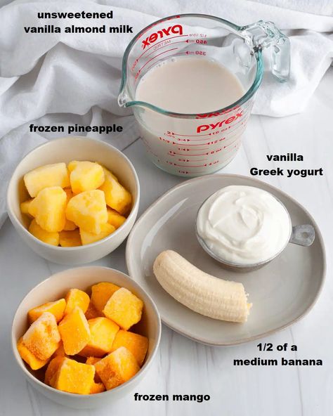 Mango Pineapple Smoothies - Our Love Language is Food Pineapple Mango Smoothie, Peach Mango Smoothie, Mango Smoothie Recipe, Pineapple Smoothie Recipes, Mango Pineapple Smoothie, Mango Smoothie Recipes, Pineapple Drinks, Smoothie Recipes Healthy Breakfast, Mango Pineapple