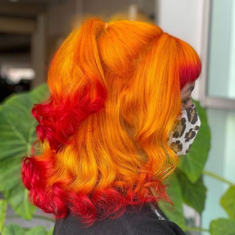 Anime Hair Hollywood on Instagram: "Set your heart ablaze!!! ❤️‍🔥 Had the absolute pleasure of doing this Rengoku inspired hair for @devinedevotchka ! My absolute fav anime character 🥺 🔥🔥🔥" Fire Inspired Hair Color, Flame Hair Dye, Orange Hair With Red Tips, Yellow Orange Hair Color, Rengoku Inspired Hair, Rengoku Hairstyle, Rengoku Hair Dye, Fire Hair Dye, Orange Hair Dye Ideas