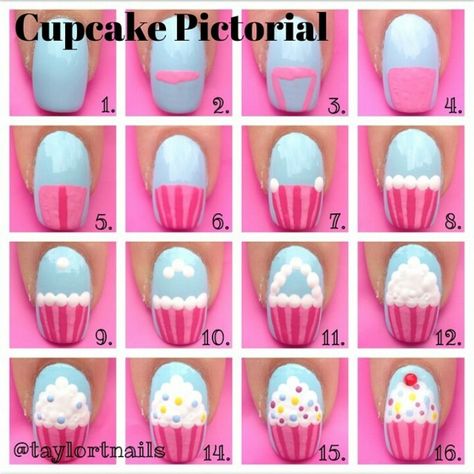 Cupcake nail art tutorial / pictorial How to Nail Pictorial, Cupcake Nail Art, Birthday Nail Art, Birthday Nail Designs, Kids Nail Designs, Nail Art For Kids, Nail Art Designs Diy, Nails For Kids, Cute Nail Art