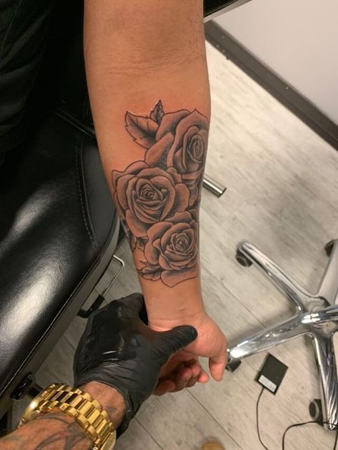 Roses Tattoo Arm Women, Rose Tattoo Design For Women Arm, Rose And Butterfly Tattoo Arm, Flower Forearm Tattoo Black Women, Inner Arm Rose Tattoos For Women, Black And White Rose Tattoo Forearm, Rose Tattoo On Forearm For Women, Roses On Arm Tattoo, Rose Tattoo On Arm For Women