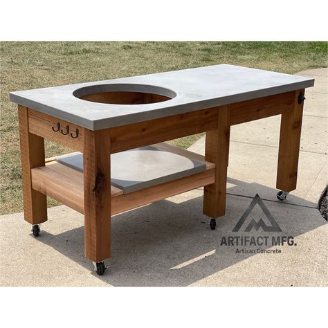 Grill table for a Kamado Joe or Big Green Egg. Artisan concrete top with Cedar base by Artifact Mfg Kamado Joe Table Plans, Kamado Joe Table, Kamado Grill Table, Big Green Egg Smoker, Charcoal Grill Smoker, Big Green Egg Grill, Green Egg Grill, Ceramic Grill, Kamado Grill