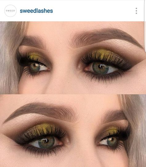 Olive Green Eyeshadow, Gold Smokey Eye, Yellow Makeup, Brown Smokey, Beautiful Eye Makeup, Green Eyeshadow, Cocoa Brown, Smokey Eyes, Makeup For Green Eyes