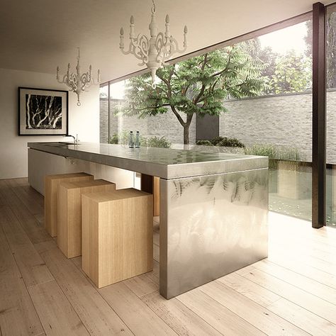 Les Heures Claires    Done with 3DSMax and Vray. Architecture by Bruno Erpicum Kitchen Island Table Combination, Stainless Steel Kitchen Table, Stainless Steel Kitchen Island, Kitchen Island Dining Table, Island Counter, Waterfall Island, Custom Kitchen Island, Kitchen Island Table, Kitchens Luxury