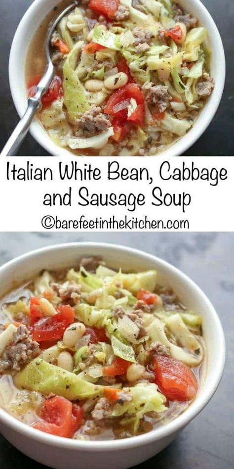 Cabbage And Sausage Soup, Soup Cabbage, Cabbage And Sausage, Sausage Soup, Cabbage Soup, Cabbage Recipes, Easy Soups, White Bean, Easy Soup Recipes