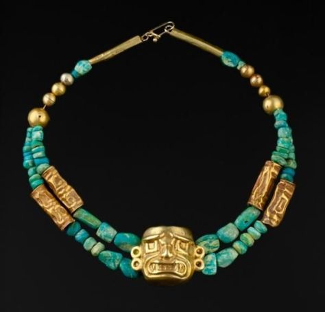 Prehispanic, Chavin.Necklace made with turquoise... Mayan Jewelry, Ancient Jewels, Ancient Jewellery, Turquoise And Gold, Storm Trooper, Boulder Colorado, Ancient Jewelry, Old Jewelry, American Jewelry